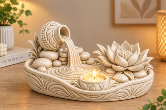 Zen Lotus Water Fountain STL – 3D Printable Tabletop Fountain with Candle Holder - Image 3