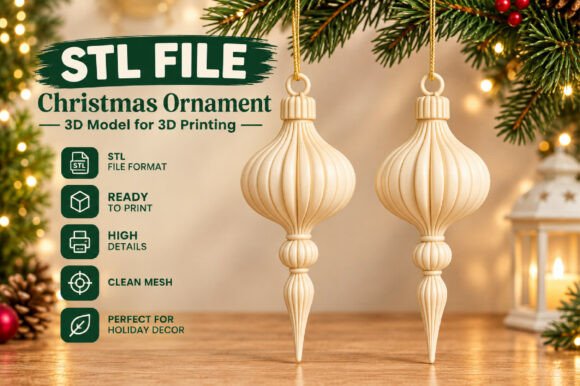 3D Ribbed Christmas Ornament STL File - Set of 2 Printable Holiday Decor - Image 1