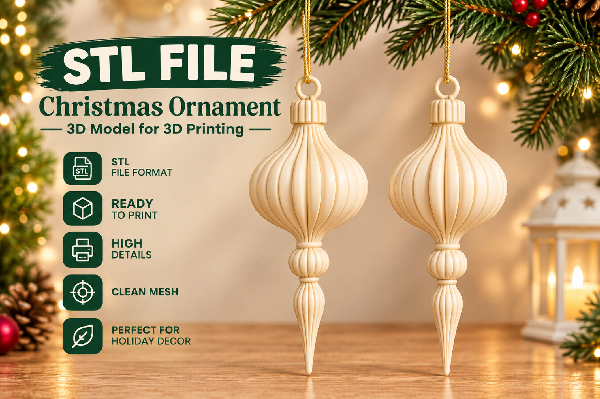 3D Ribbed Christmas Ornament STL File - Set of 2 Printable Holiday Decor - Image 3