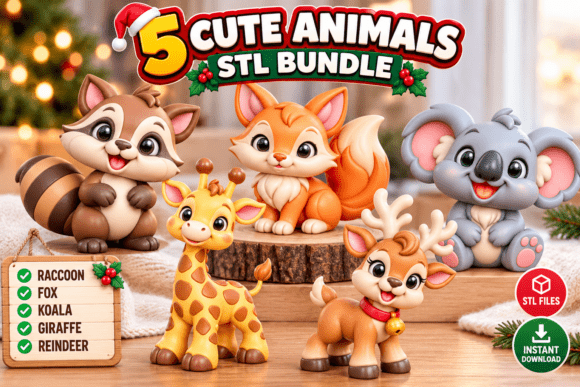 5 Cute Christmas Animals STL Bundle - Festive 3D Print Models for Holiday Decor - Image 1