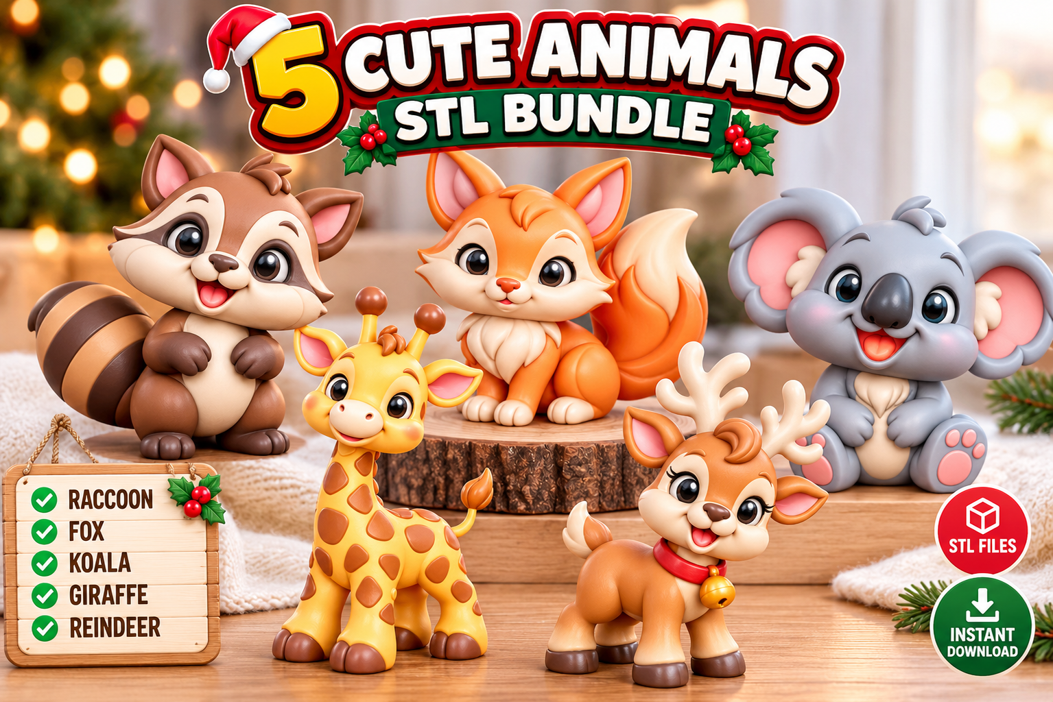 5 Cute Christmas Animals STL Bundle - Festive 3D Print Models for Holiday Decor - Image 2