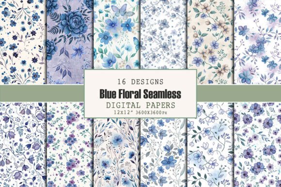Blue Floral Seamless Patterns Bundle