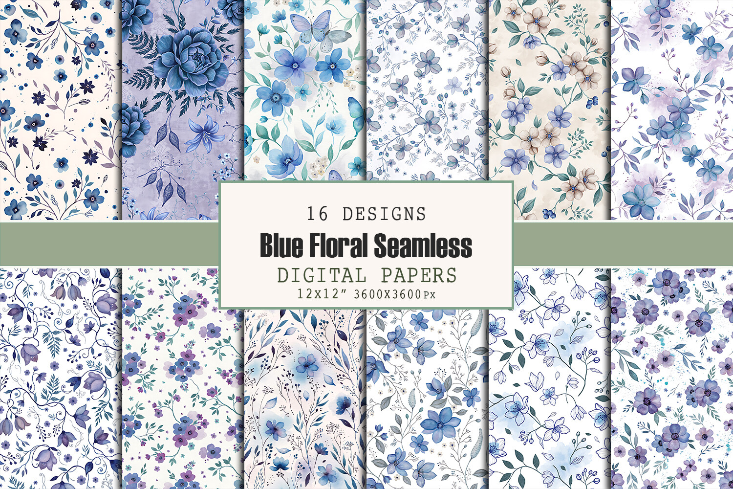 Blue Floral Seamless Patterns Bundle