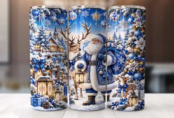 Blue Santa Reindeer Christmas Tumbler
