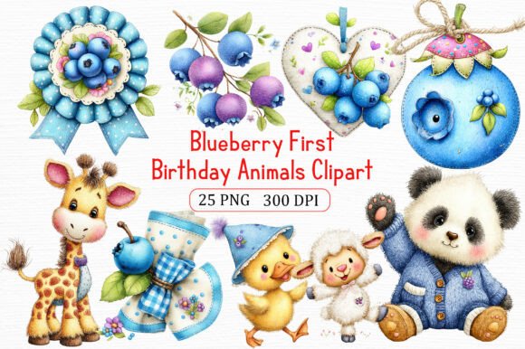 Blueberry Birthday Animals Clipart