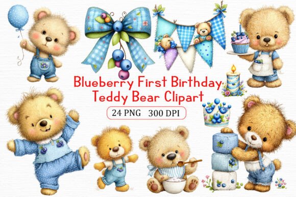 Blueberry Birthday Teddy Clipart Pack