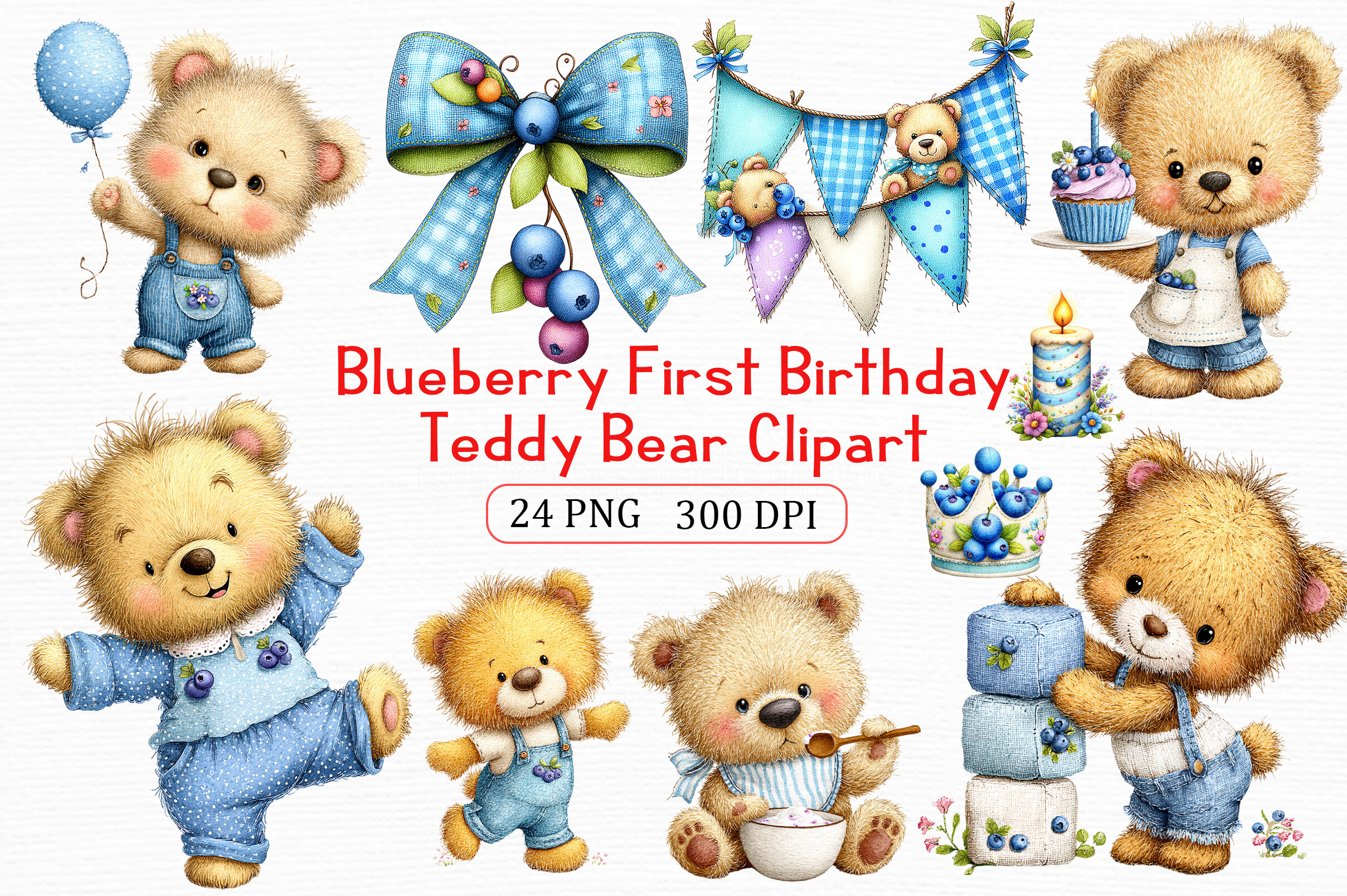 Blueberry Birthday Teddy Clipart Pack