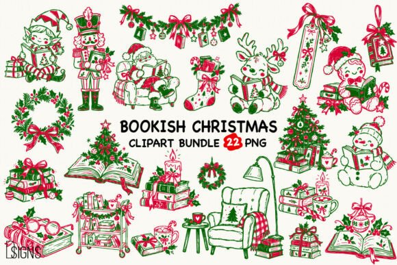 Bookish Christmas PNG Hand-Drawn Bundle