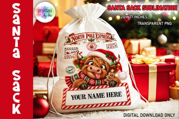 Christmas Highland Cow Santa Sack PNG