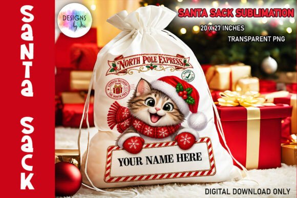 Christmas Kitten Santa Sack PNG
