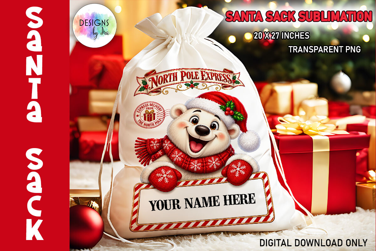 Christmas Polar Bear Santa Sack PNG