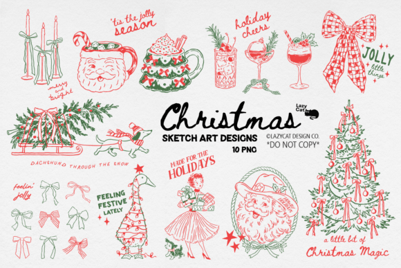 Christmas Sketch Art PNG Bundle Graphic Illustrations By Lazy Cat