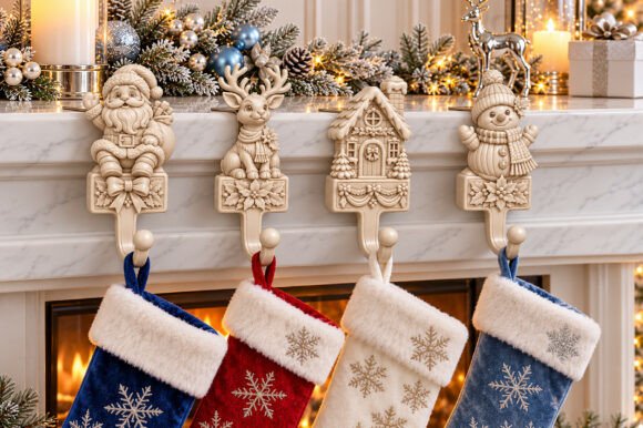 Christmas Stocking Holder Hook STL – 3D Printable Santa, Reindeer & Snowman Mantel Hanger - Image 1