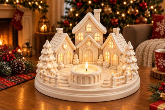 Christmas Village Candle Holder STL – 3D Printable Holiday Centerpiece - Image 1