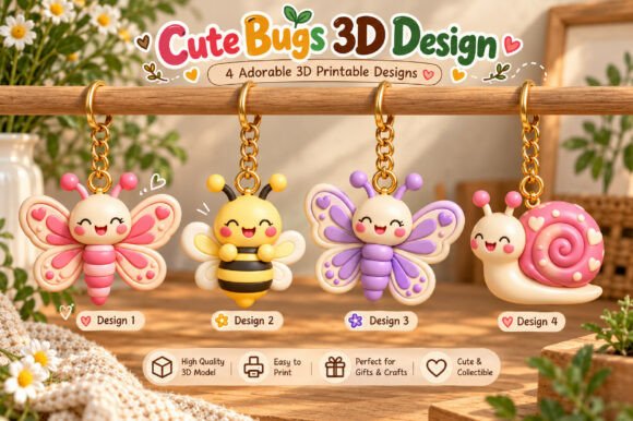 Cute Bugs 3D Printable STL Bundle - 4 Adorable Bug Models for Keychains - Image 1