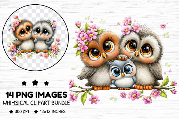 Cute Floral Baby Owls Clipart Bundle