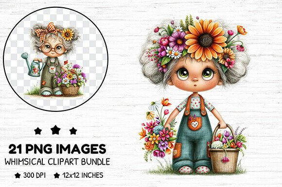 Cute Garden Girl Floral Clipart Bundle