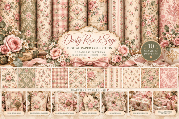 Dusty Rose & Sage Floral Digital Paper