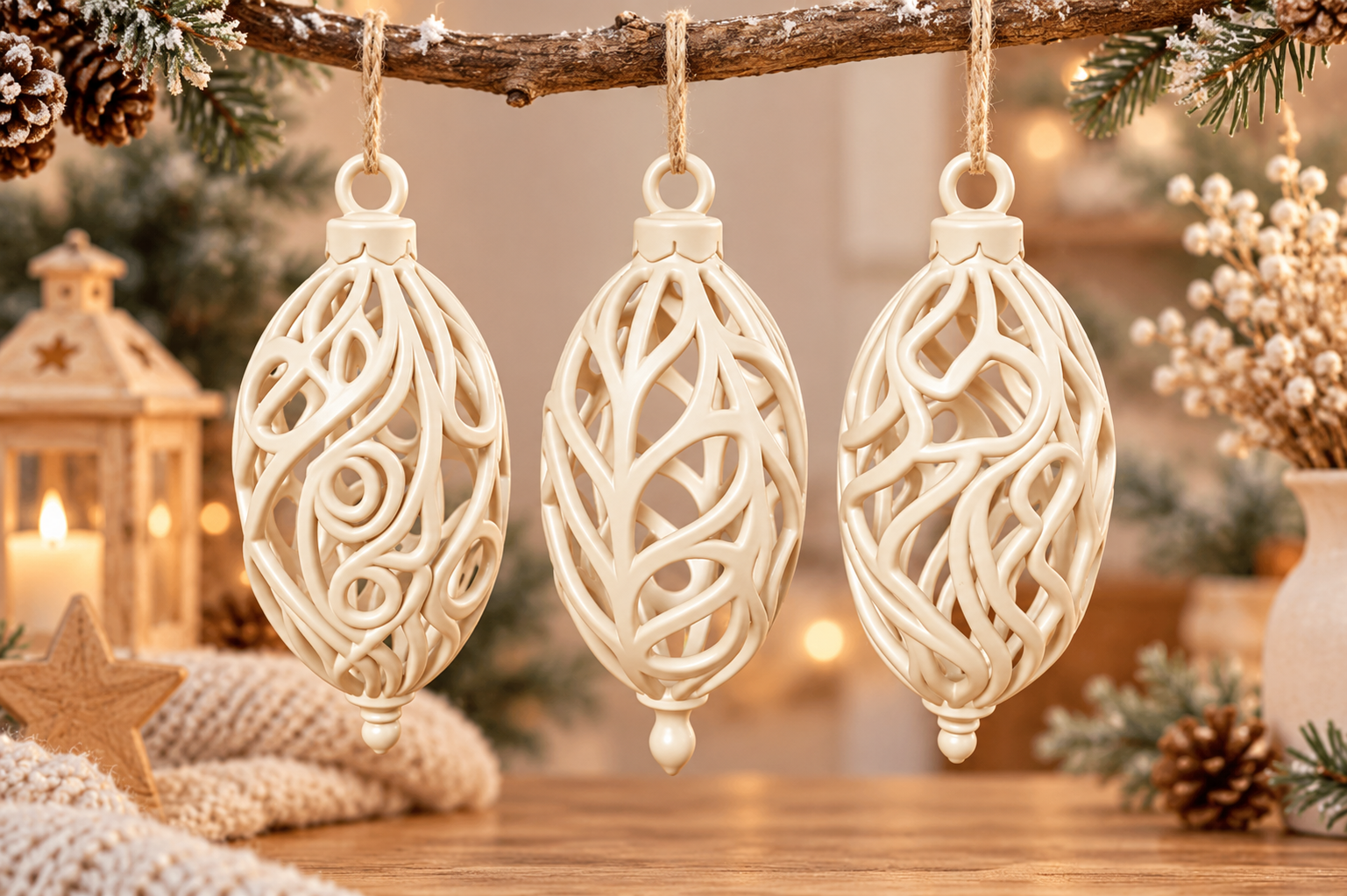 Filigree Christmas Ornament 3D Print Set – 3 Hanging Decor STL Files - Image 5