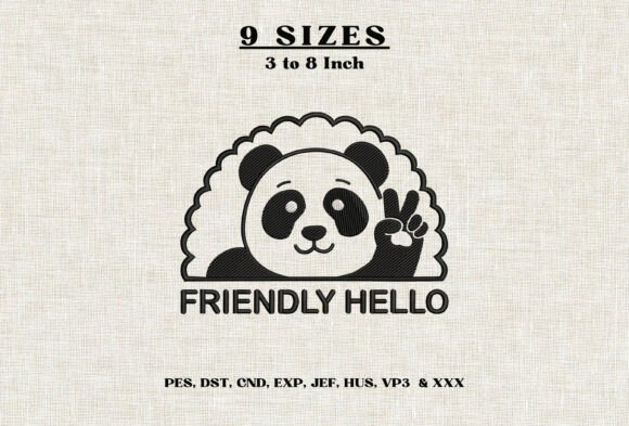 Friendly Hello Panda Embroidery Design