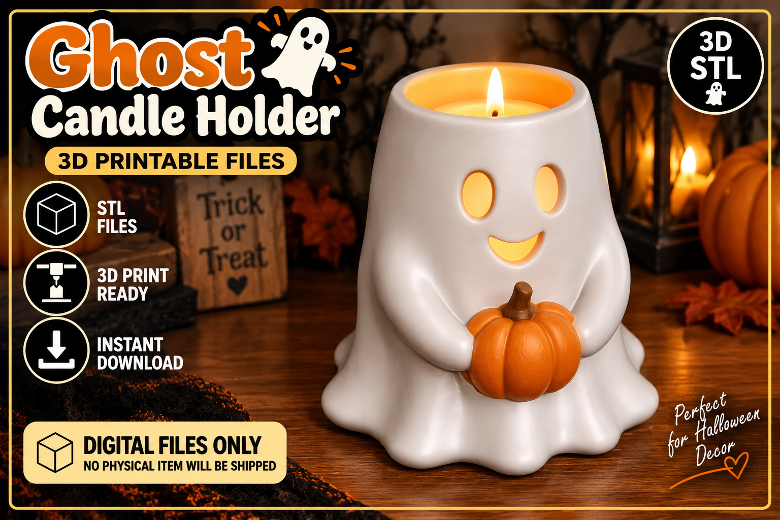 Ghost Candle Holder Halloween STL File - 3D Printable Spooky Candle Decor - Image 2