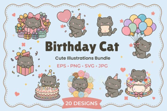 Kawaii Cat Birthday Sticker Illustration