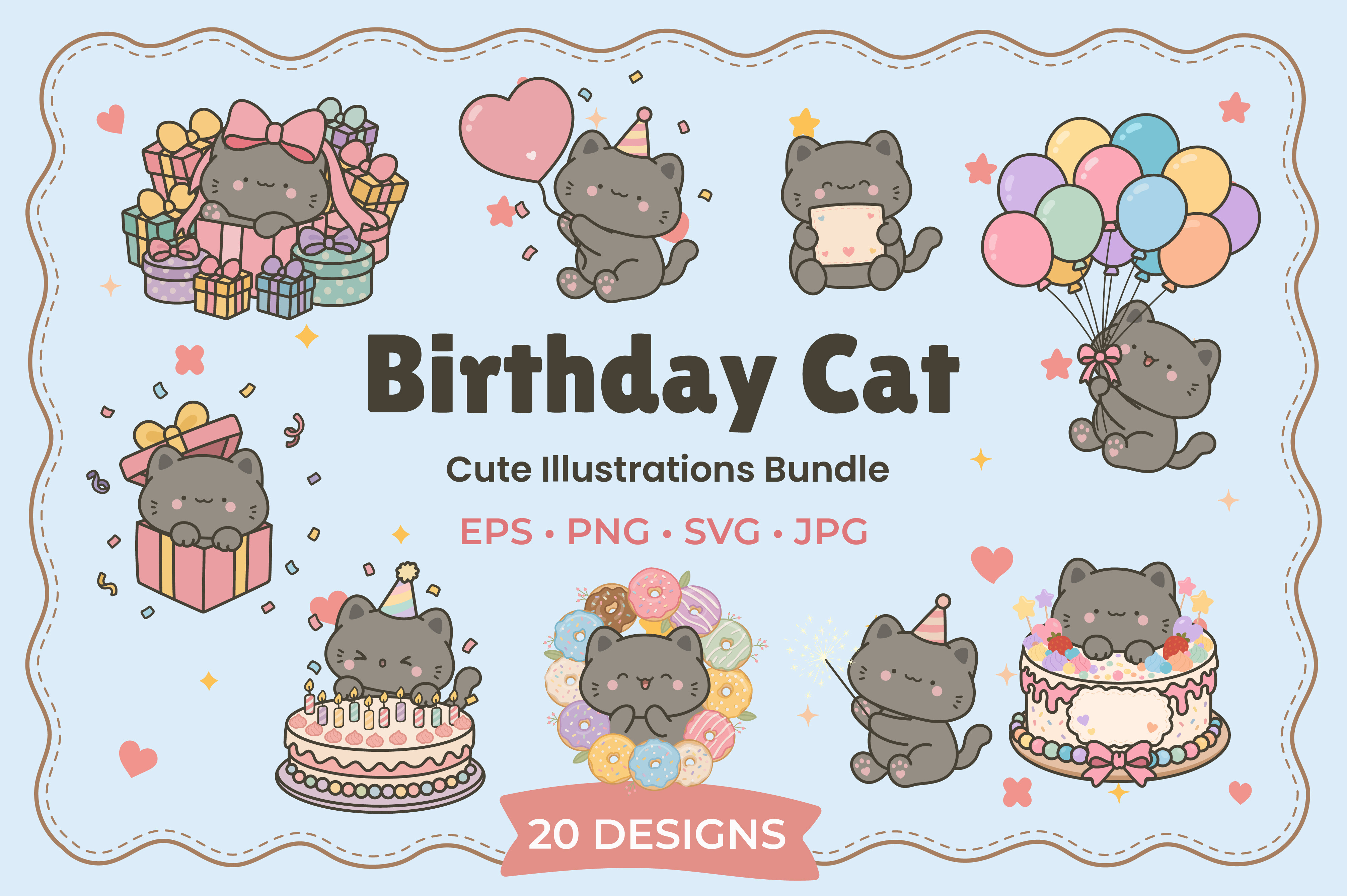 Kawaii Cat Birthday Sticker Illustration