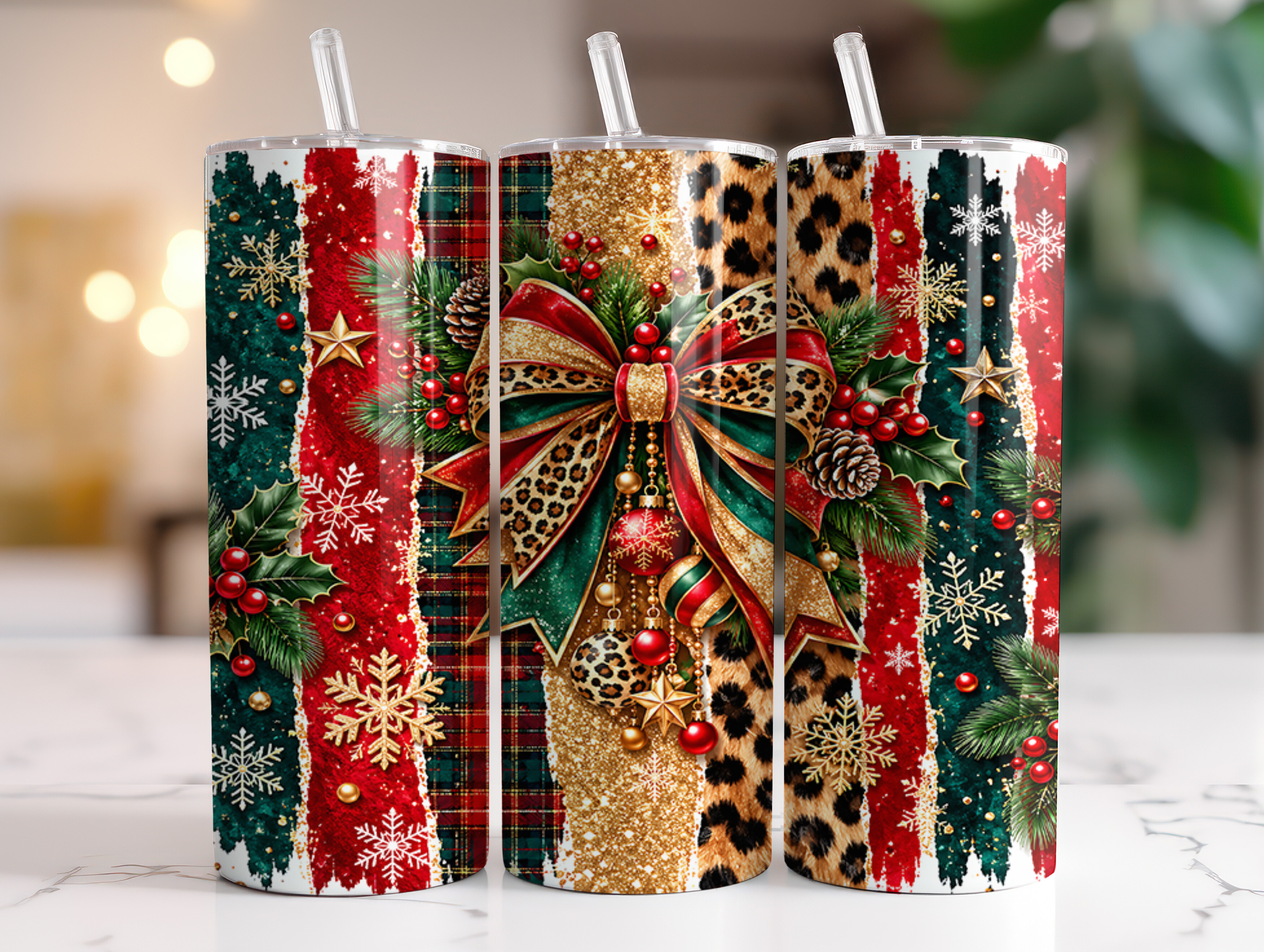 Leopard Christmas Bow 20oz Tumbler Wrap
