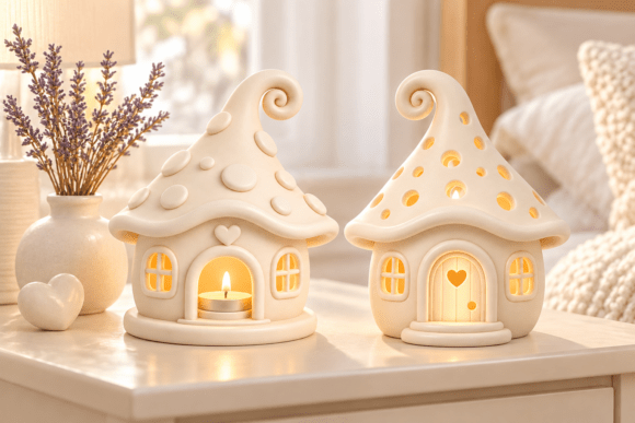 Mushroom Cottage Tealight Holder 3D STL – Set of 2 Fairy House Models - Image 1