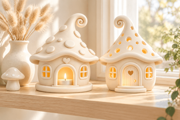 Mushroom Cottage Tealight Holder 3D STL – Set of 2 Fairy House Models - Image 2