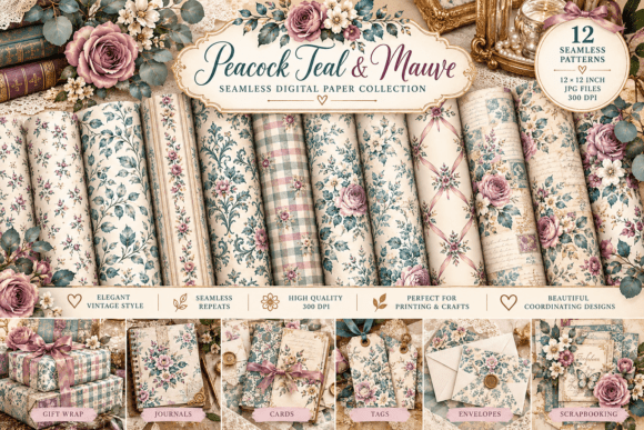 Peacock Teal & Mauve Digital Paper