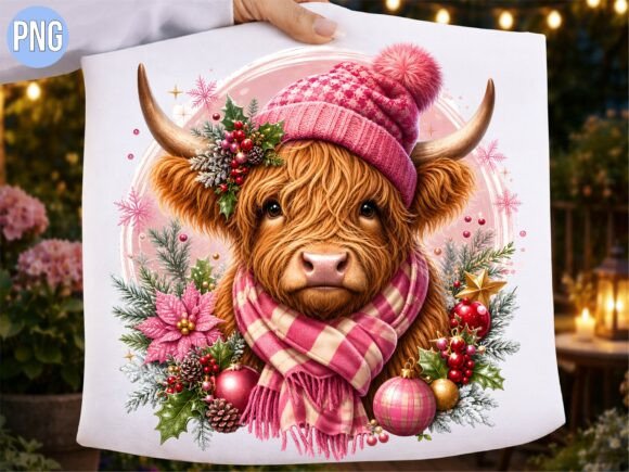 Pink Christmas Highland Cow T-shirt PNG