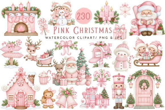 Pink Christmas Watercolor Clipart