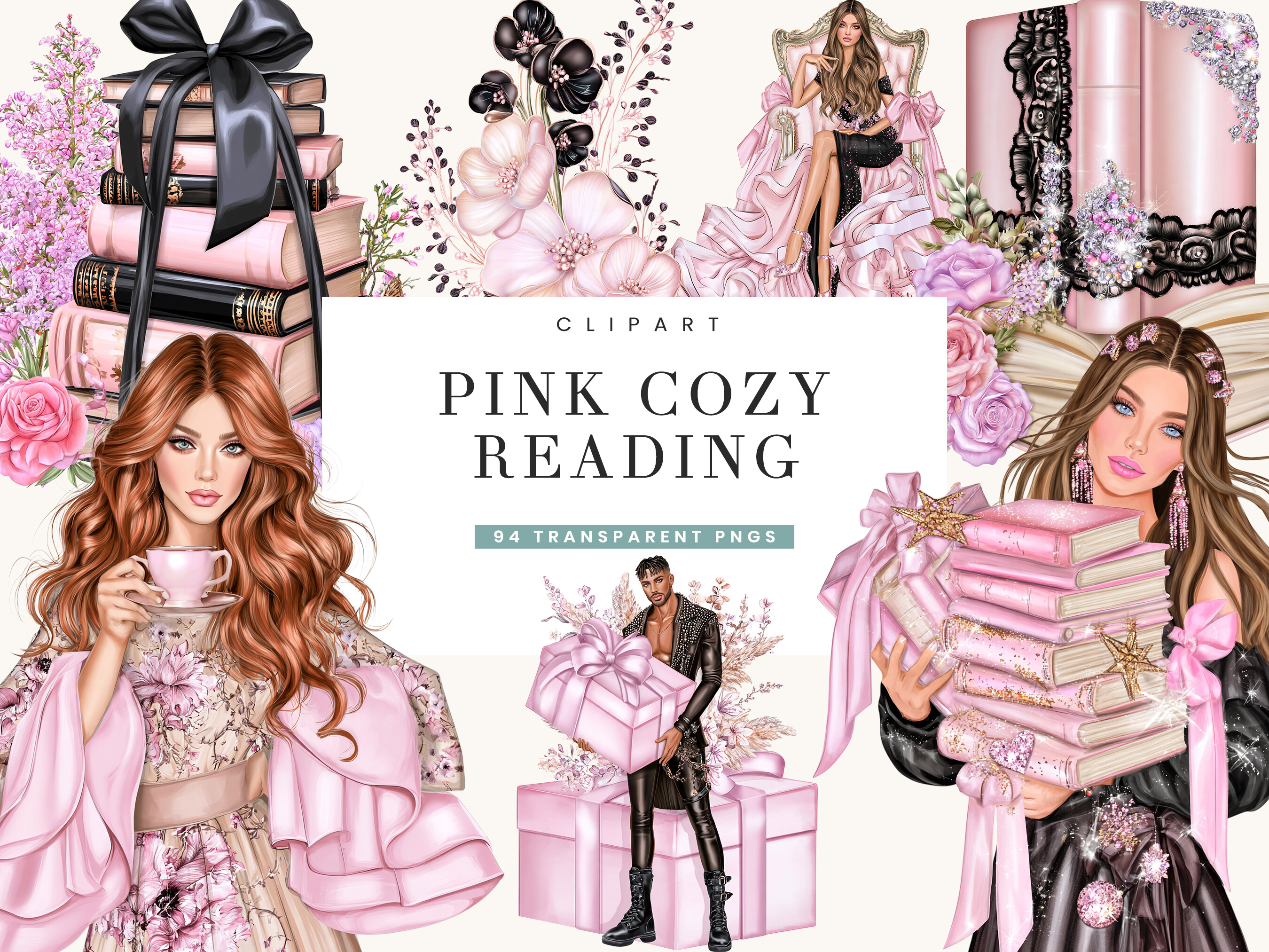 Pink Cozy Reading Clipart Bundle