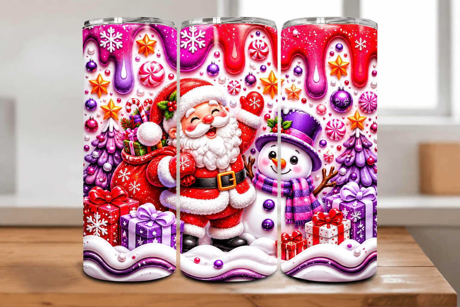 Pink Drip Santa & Snowman Christmas Tumb