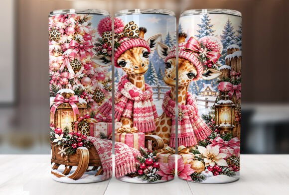 Pink Giraffe Christmas Tumbler Wrap PNG