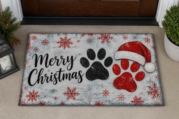 Red Santa Hat Pet Paw Christmas Doormat