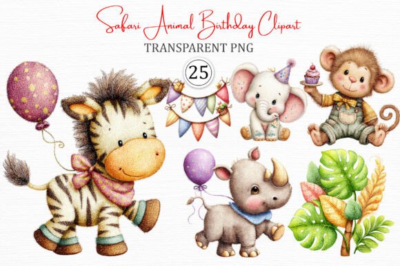 Safari Animal Birthday Clipart PNG Set