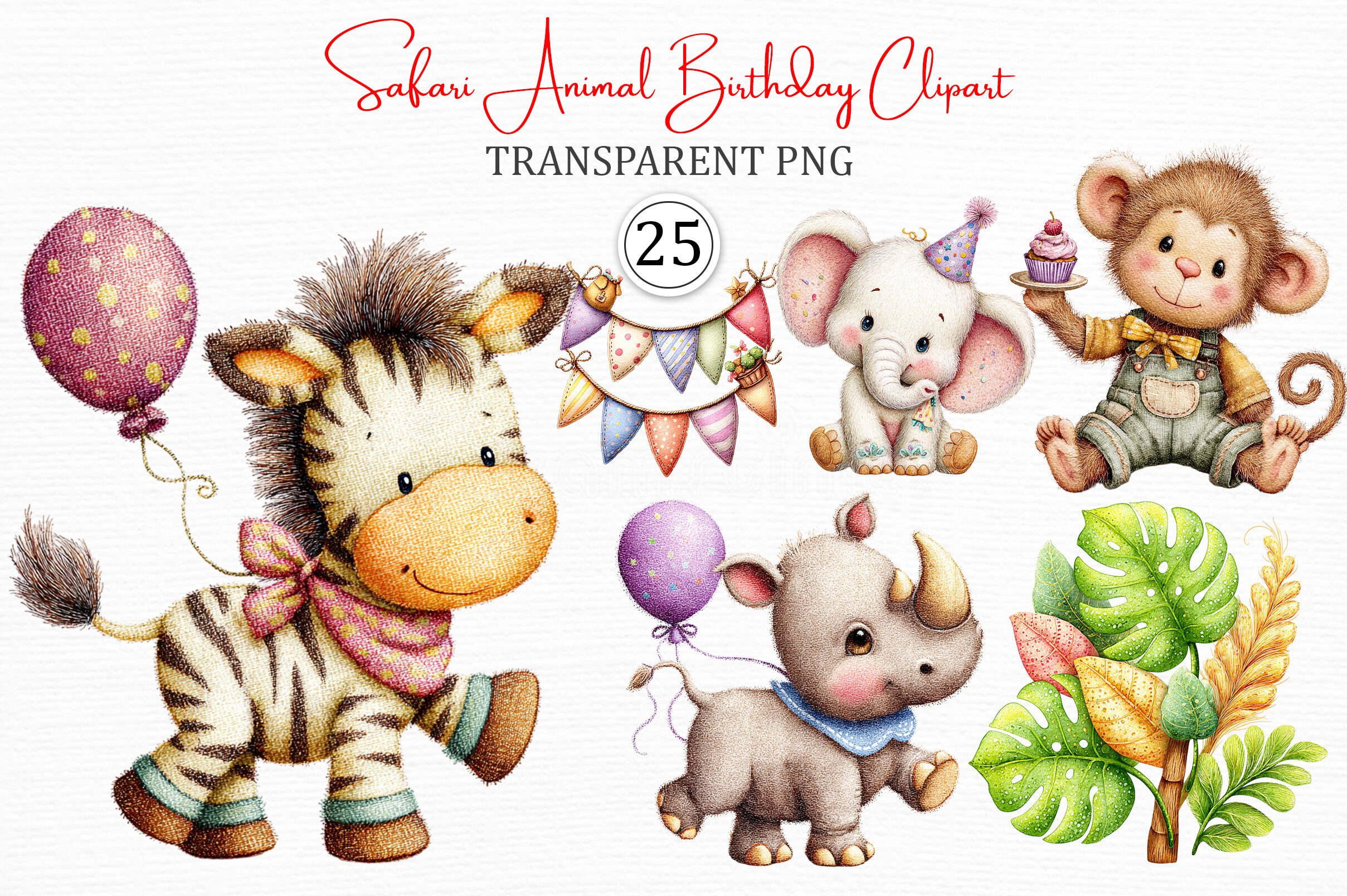 Safari Animal Birthday Clipart PNG Set