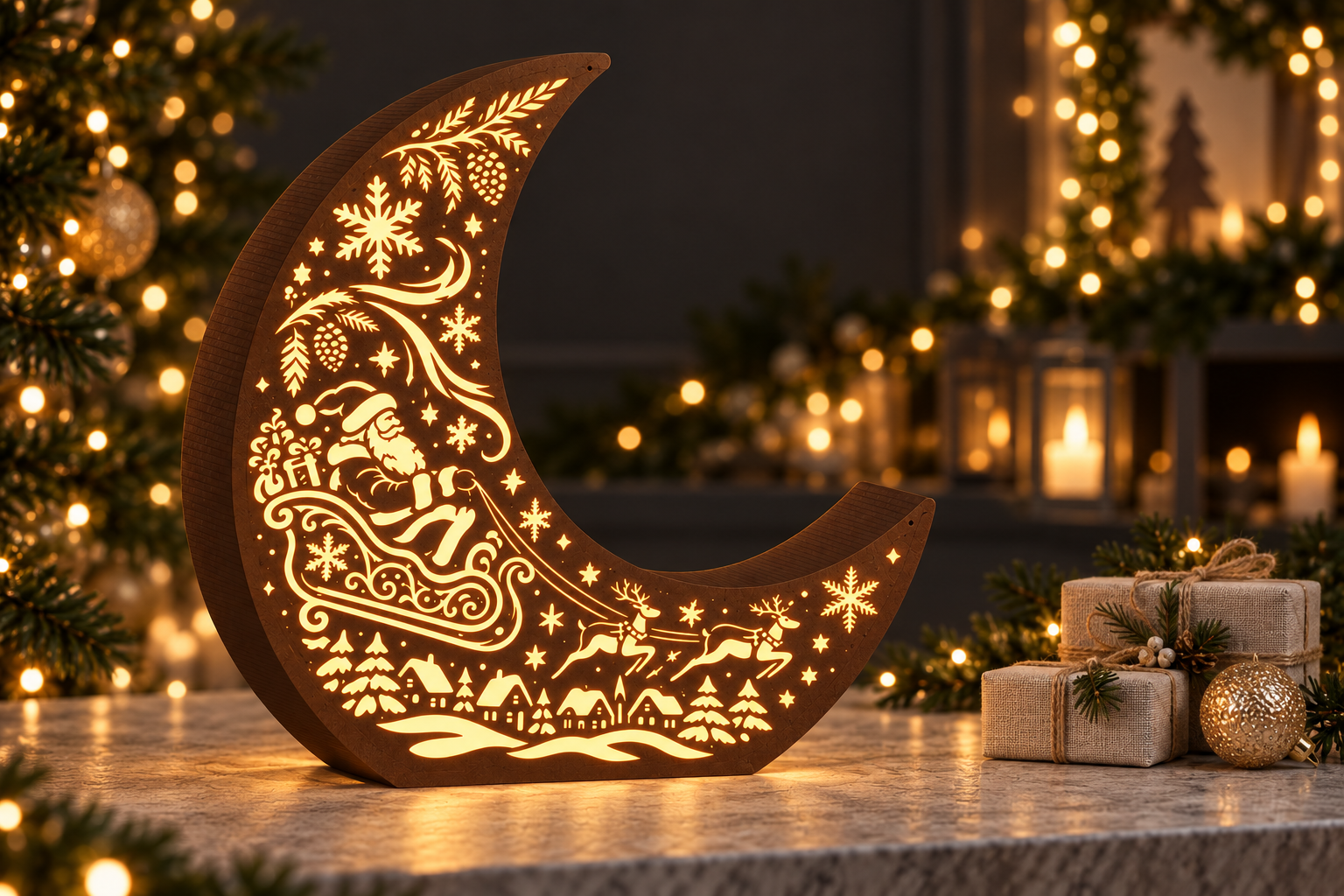 Santa Flight Moon Lantern - Santa and Reindeer Laser Cut