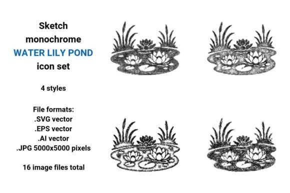 Sketch Water Lily Pond Icon Set