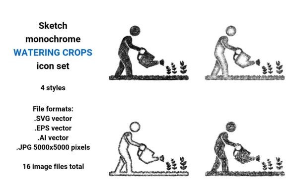 Sketch Watering Crops Icon Set