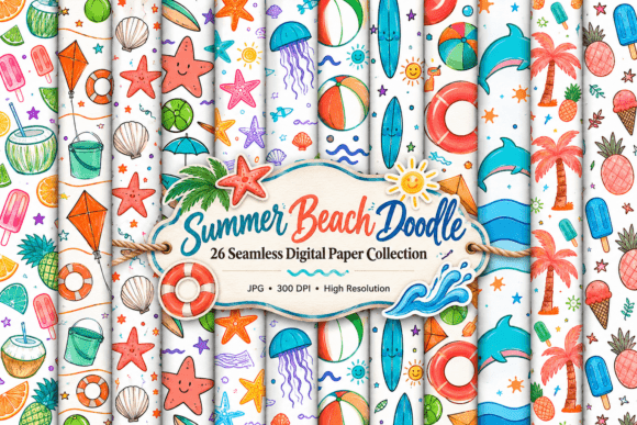 Summer Beach Doodle Seamless Patterns