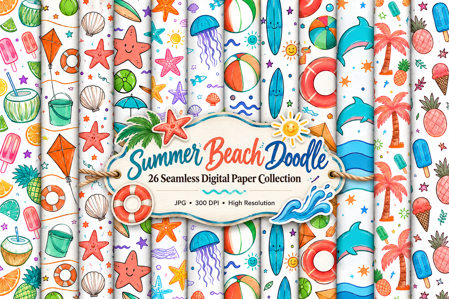 Summer Beach Doodle Seamless Patterns