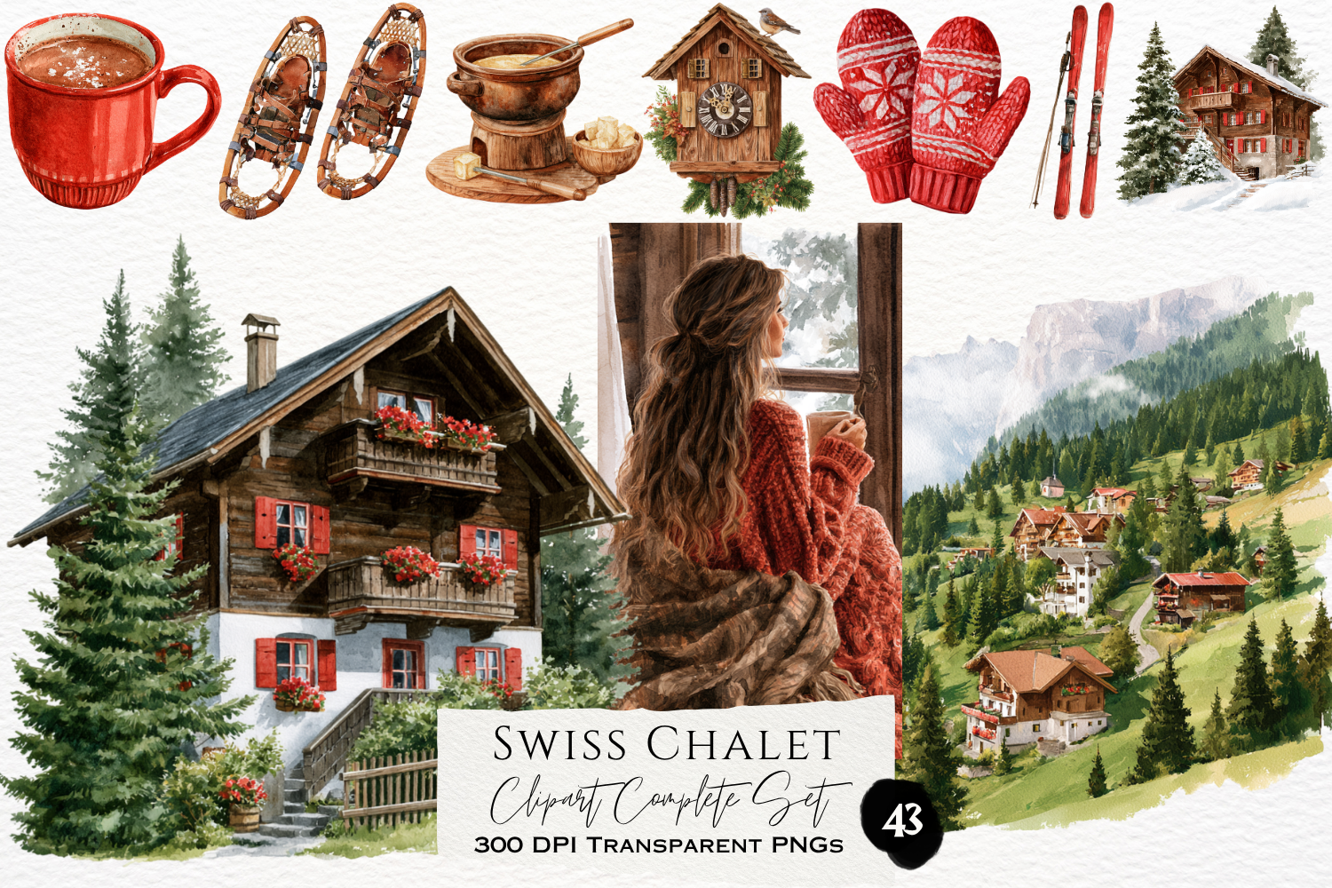 Swiss Chalet Watercolor Clipart Set