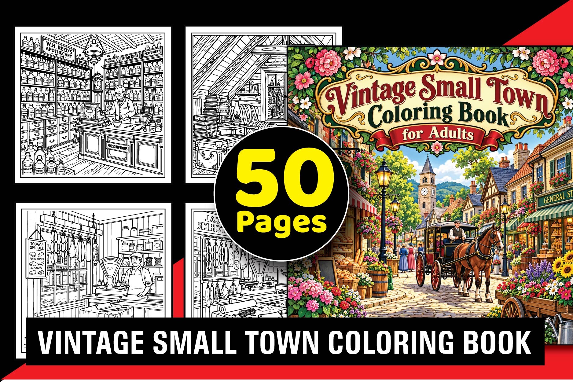 Vintage Small Town Coloring Book