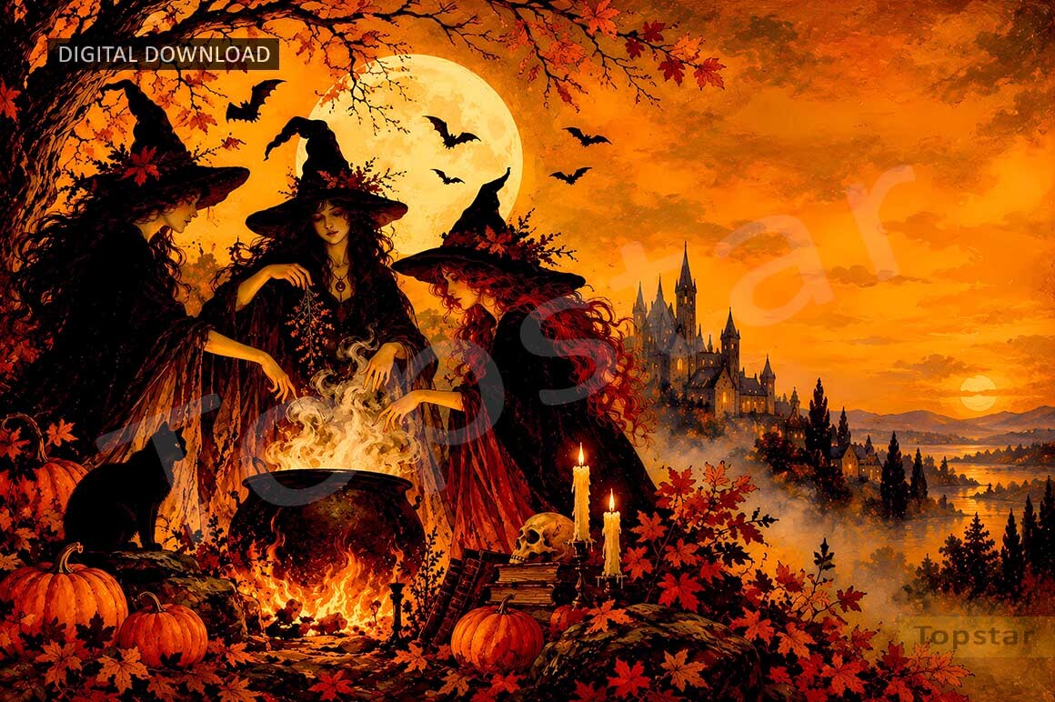 Vintage Witch Art Halloween Background