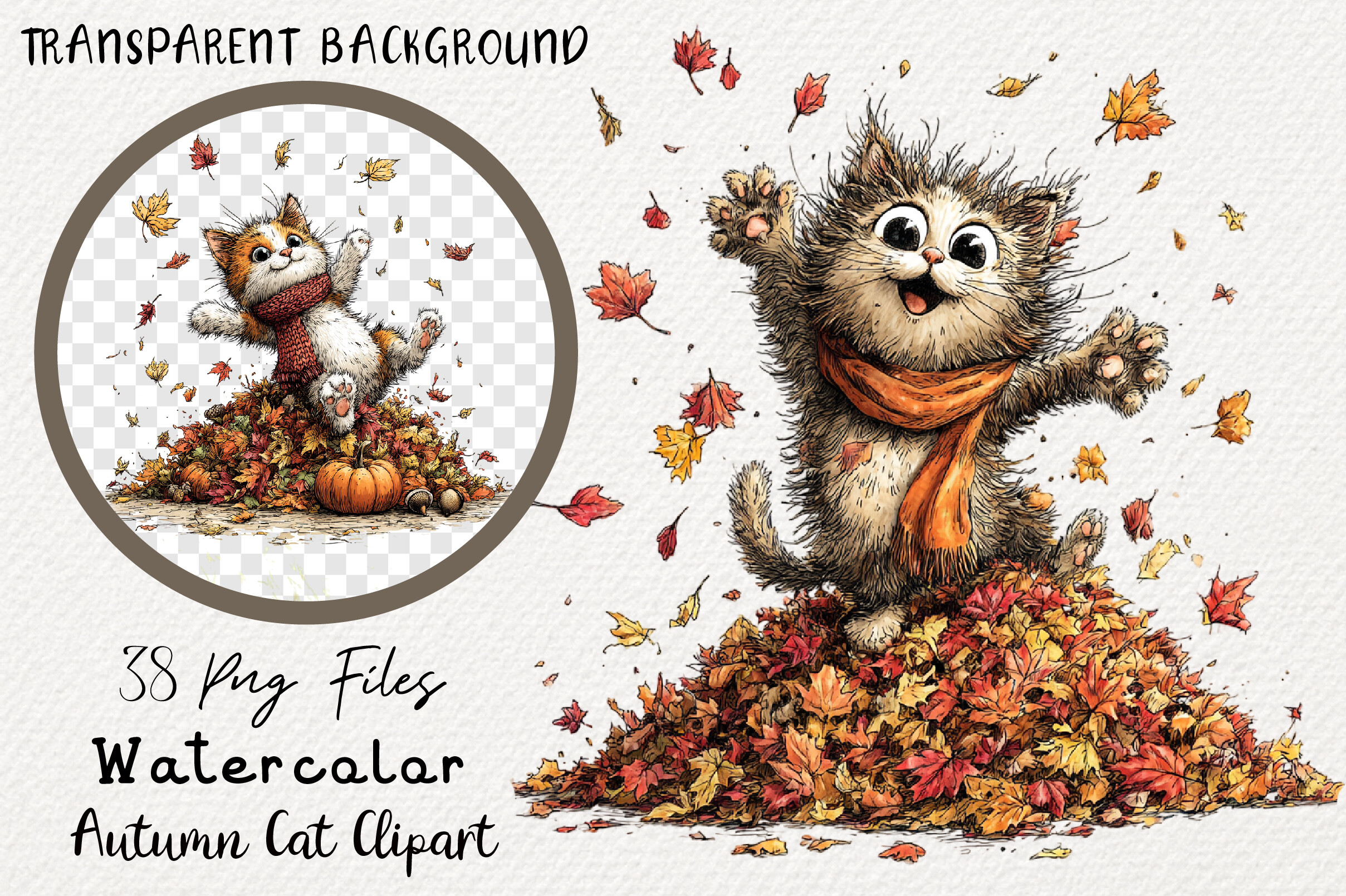 Watercolor Autumn Cat Clipart