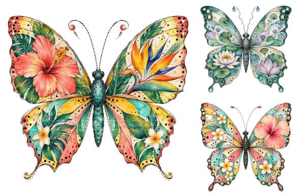 Watercolor Floral Butterfly Clipart Bund