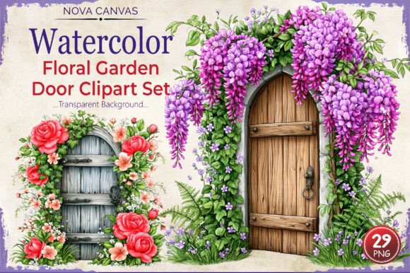 Watercolor Floral Garden Door Clipart
